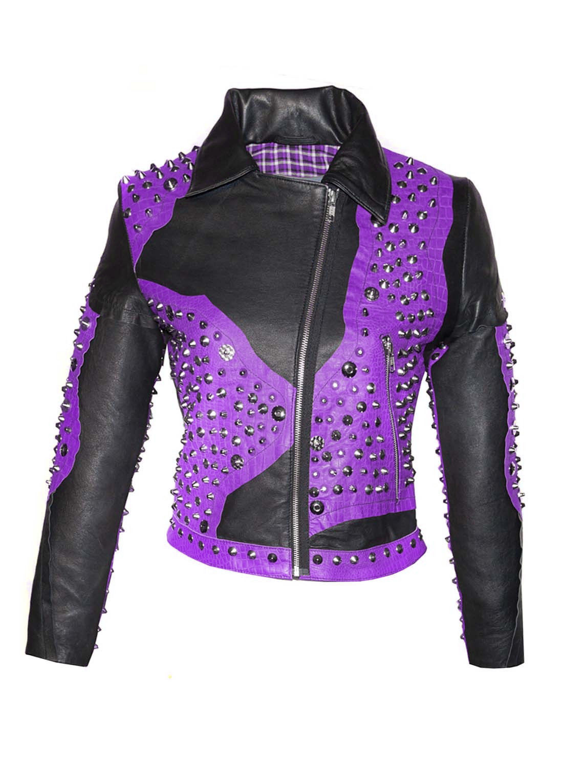 Women Two Tone Black Purple Contrast Real Leather Silver Studded Handmade Jacket