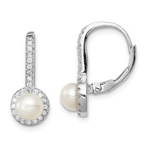 Silver  Polished White 5-6mm Button Freshwater Cultured Pearl &amp; CZ Halo Leverbac - £53.35 GBP