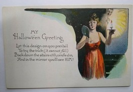 Vintage Halloween Postcard Women With Candle And Mirror NYCE Series 363 Unused - £57.85 GBP