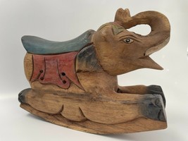 Folk Art Carved Wooden Rocking Elephant Asian Carving Painted Antique Decor 11&quot; - £43.96 GBP