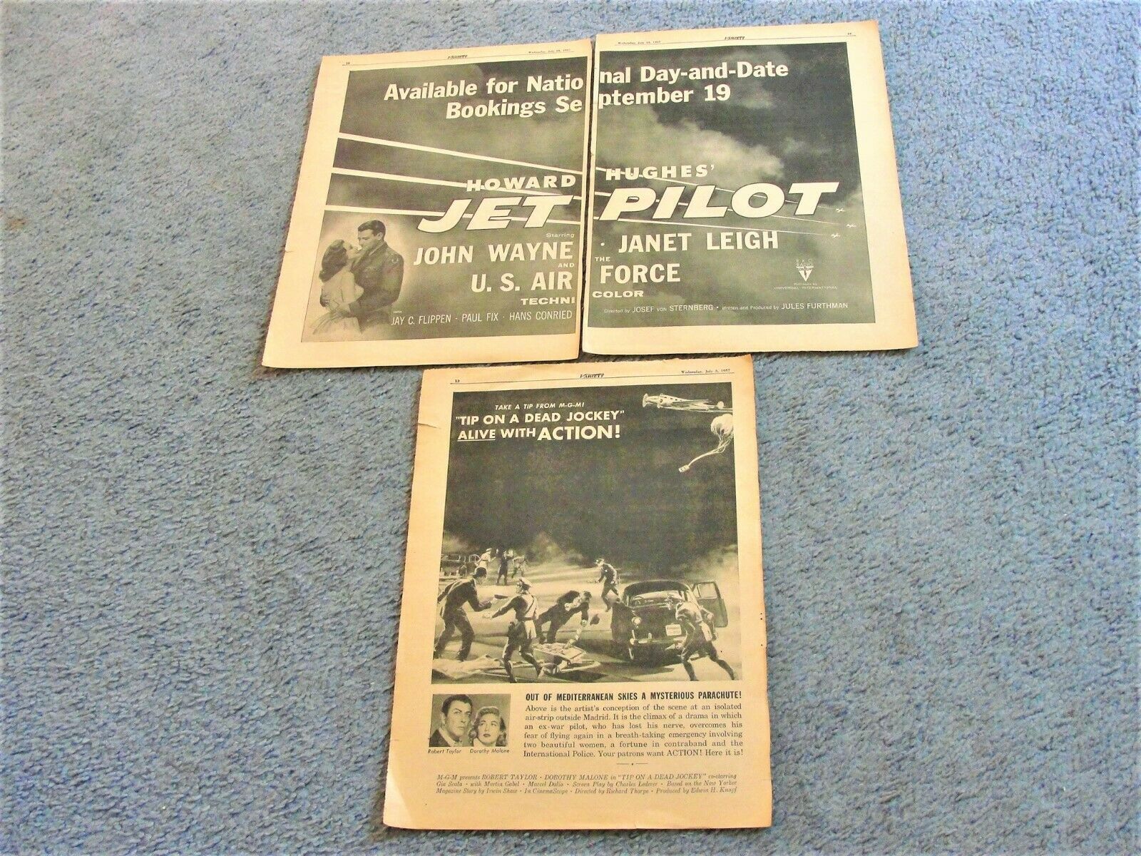 Primary image for Tip on a Dead Jockey/Jet Pilot  2 Pages Movie Ads from Variety 1957 Newspaper .