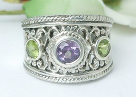 Sterling Amethyst and Peridot Band Gemstone Ring Size 7 - £37.52 GBP