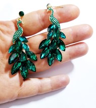 Green Peacock Earrings, Crystal Drop Earrings, Rhinestone Chandelier Earrings, S - £31.95 GBP