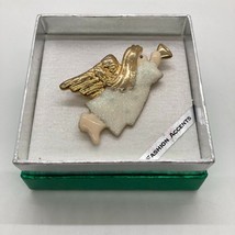 New Angel 2.5&quot; Brooch Pin Gold Tone Enamel Glitter Playing Horn Gift Boxed - £6.20 GBP
