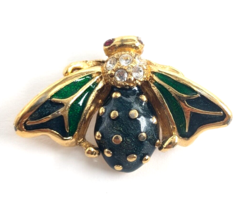 Bee Bumblebee Insect Red Stone Eyes Clear Rhinestones Green Gold Enamel Pin - £10.03 GBP