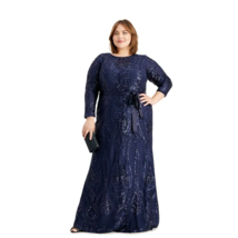 R &amp; M Richards Womens Plus 16W Navy Blue Embellished Long Sleeve Dress NWT BW48 - £66.42 GBP