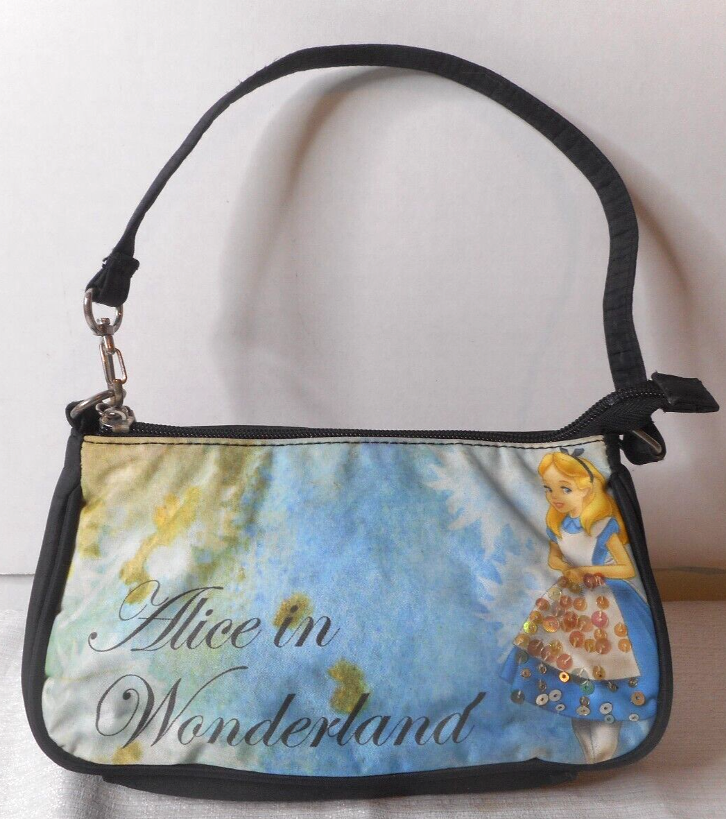 Disney Alice in Wonderland Black Nylon Purse Small Handbag Wristlet Sequins - $12.86