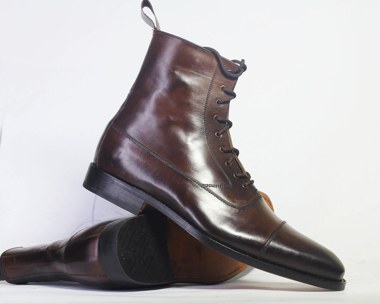 Handmade Men Chocolate Brown Ankle High Boots, Men Cap Toe Leather Lace Up Boot