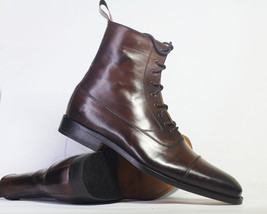 Handmade Men Chocolate Brown Ankle High Boots, Men Cap Toe Leather Lace Up Boot - £126.41 GBP+