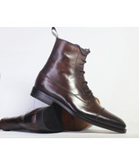 Handmade Men Chocolate Brown Ankle High Boots, Men Cap Toe Leather Lace ... - £127.88 GBP+