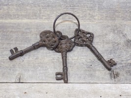 3 Cast Iron Jail Keys House Rustic Western Church Key Ring Lock Skeleton Prop - £7.72 GBP