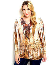 C.O.C. Ladies Top Brown Floral Embroidery V-Neck Long-Sleeve Size 3XL - £19.92 GBP