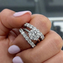 3pc Eternity Round Cut Simulated Diamond Wedding Bridal Ring Set Sterling Silver - £66.09 GBP