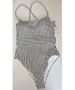 Shade &amp; Shore Womens Striped Ribbed One Piece Swimsuit Black White Cheek... - £31.64 GBP