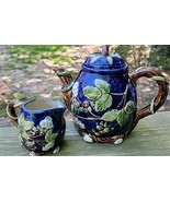 Chinese Wan Jiang Nouveau Majolica TEAPOT Cobalt Blue Strawberries Vines... - $241.52 MXN