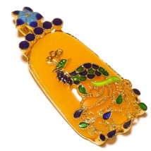 Yellow Chalcedony Gemstone Gold Plated Hand-Carved Cloisonne Peacock Pendant - £17.19 GBP