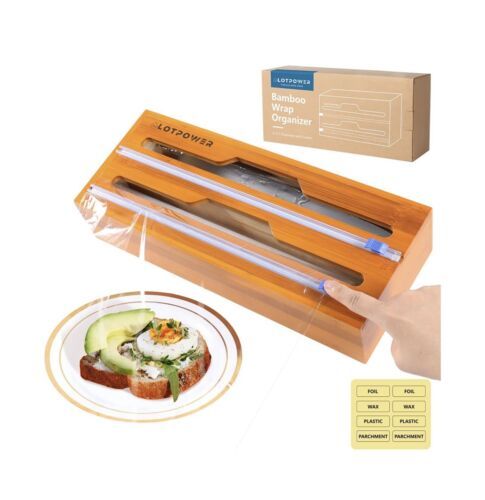 2 in 1 Bamboo Foil and Plastic Wrap Organizer And Dispenser With Cutter ... - $11.88
