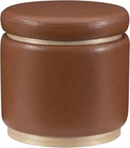 Lexington Caramel Faux Leather Round Storage Ottoman with Wood Accent by Linon - £78.63 GBP