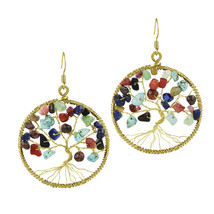 Eternal Tree of Life Mix Color Stone Branch Brass Dangle Earrings - £9.36 GBP