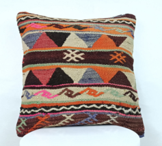 18x18 Kilim Pillow Cover Turkish Vintage Tribal Ethnic Wool Lumbar Cushion A380 - £12.52 GBP