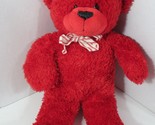 Red plush teddy bear white red striped bow black thread nose 15&quot; - $31.18
