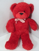 Red plush teddy bear white red striped bow black thread nose 15&quot; - £24.32 GBP