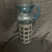 1960s Felipe Derflingher Style Large Blue Glass Pitcher Caged Glass &amp; Copper - £138.48 GBP