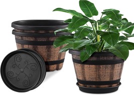 Plant Pots Set Of 3 Pack 10 Inch,Whiskey Barrel Planters With Drainage, Brown - £28.85 GBP