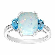2.50CT Opal &amp; Blue Topaz Ring with Diamonds Engagement Band Sterling Silver - £73.51 GBP