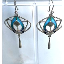 MODERNIST 925 STERLING SILVER AND BLUE ENAMEL DANGLE EARRINGS SKY - $56.63