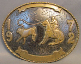 1972 SILVER CALF ROPING TROPHY BELT BUCKLE COMSTOCK SILVERSMITHS COMSTOC... - $225.00