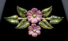 Vintage Enameled Floral Leaf Spray Purple Flowers Brooch Pin - £15.51 GBP