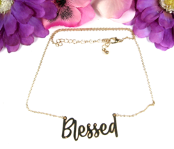 BLESSED Word In Cursive Pendant Vintage NECKLACE Goldtone Chain Choker 1... - $17.81