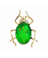 GREEN BEETLE PIN 1.5&quot; Cute Enamel Bug Insect Brooch Rhinestone Gold Plat... - £7.07 GBP