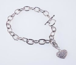 Sterling Silver CZ Heart Charm Toggle Bracelet 7.50&quot; - €194,95 EUR