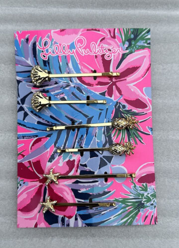 Primary image for NWT Lilly Pulitzer Gold Metal Hair Pin Set of 6 Shells Pineapples Starfish Pins