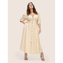 Bloomchic Womens Plunging Neck Button Detail Pocket Maxi Dress Beige 14-16 - £19.26 GBP