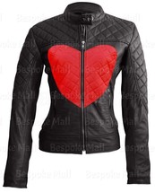 New Woman Love Black Red Heart Quilted Flash Genuine Cowhide Leather Jac... - $158.09+