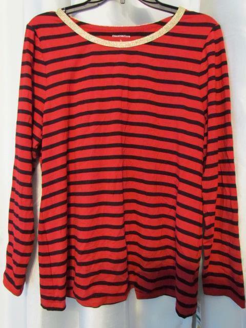 NWT Charter Club Striped Long Sleeve Top New Red Black Striped L Org $64.50 - $5.69
