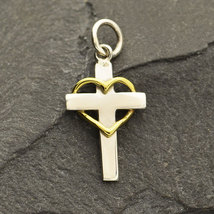 Sterling Silver Cross with Wire Bronze Heart 20x10mm - $20.64