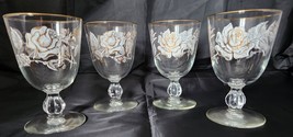 Set (4) Vtg Libbey Stemmed Glasses White &amp; Gold Rose/ Trim  Rose Bouquet... - £20.99 GBP