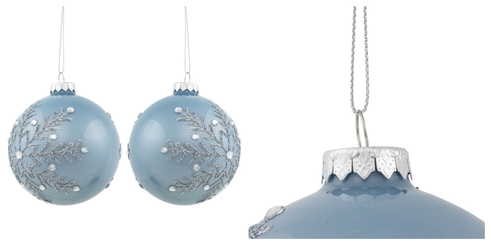 4" Set of 2 Shiny Stone Blue Glitter Snowflakes Glass Christmas Ball Ornaments