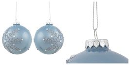 4&quot; Set of 2 Shiny Stone Blue Glitter Snowflakes Glass Christmas Ball Orn... - £45.63 GBP