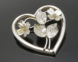 HARRY S. BICK 925 Silver - Vintage Shiny Floral Love Heart Brooch Pin - BP5050 - £32.51 GBP