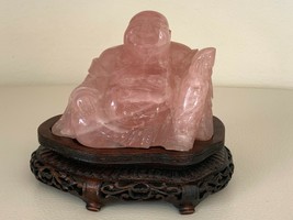 Antique Chinese Hand Carved Pink Quartz Seated Buddha Statue on Wood Stand - $296.01