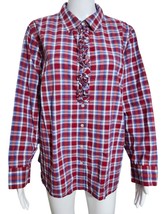 Talbots Shirt Womens 16W Red Blue Plaid Button Up Ruffle Front Roll Tab ... - $26.68