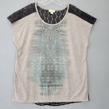 One World Women Shirt Size L Black Gray Linen Preppy Animal Print Cap Sleeve Top - £10.07 GBP