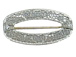 14K Deco Filigree Diamond  Bar Pin Oval Shaped 1915-30 Original Period Piece - £200.96 GBP