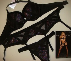 Victoria&#39;s Secret 32B,34B,34C Bra Set+Garter+S Thong Black Sequined Fashion Show - £173.69 GBP
