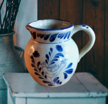 Blue Floral Bird Motif Stoneware Pitcher Vase, Ceramic Decor, Nature Ins... - $28.98